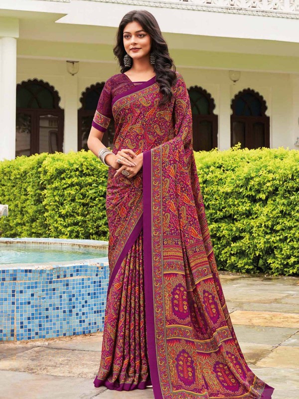 Dark Magenta Crepe Silk Digital Print Saree